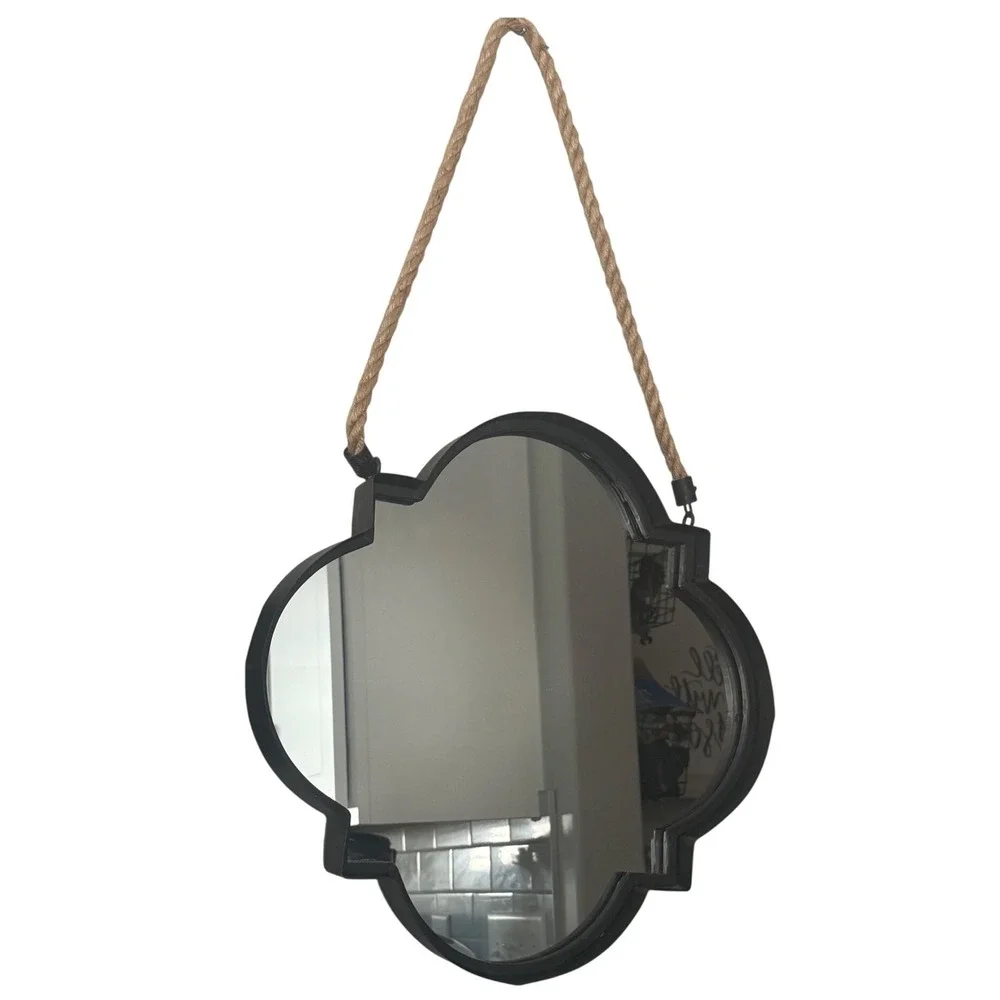 Quatrefoil Wall Mirror Black Metal Frame with Jute Rope Hanger Rustic 14